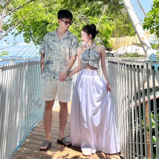 Set đồ nam nữ - Váy đi biển cổ yếm thắt nơ phối với áo sơ mi nam chất Lụa mềm mát cho các cặp đôi đi du lịch Gin62.store