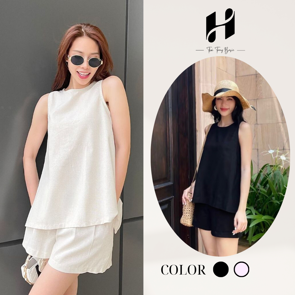 Set bộ đồ nữ linen xẻ lưng cúc bọc mềm mại, bộ đùi áo sát nách đi chơi đi biển thời trang H Store