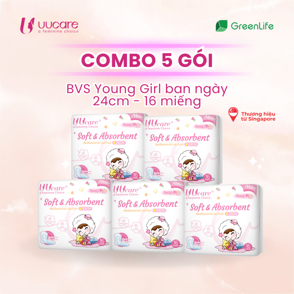 Ảnh Combo tiết kiệm Băng vệ sinh UUcare Singapore Young GIrl ban ngày 24cm 16 miếng 2