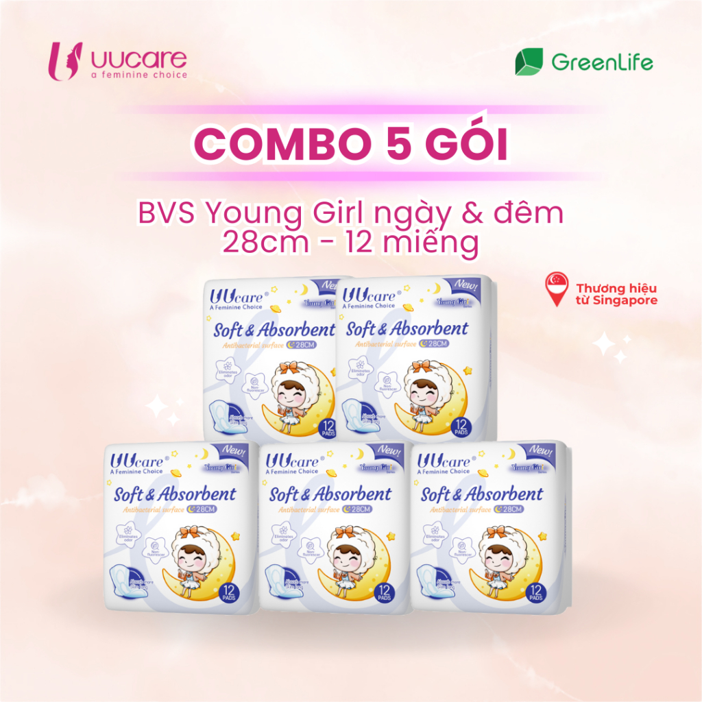 Ảnh Combo tiết kiệm BVS UUcare Singapore Young Girl ngày và đêm 28cm 12 miếng 2