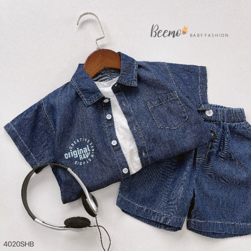 (Beemo chính hãng) Set denim cọc tay chỉ nổi bé trai (9-25 kg)