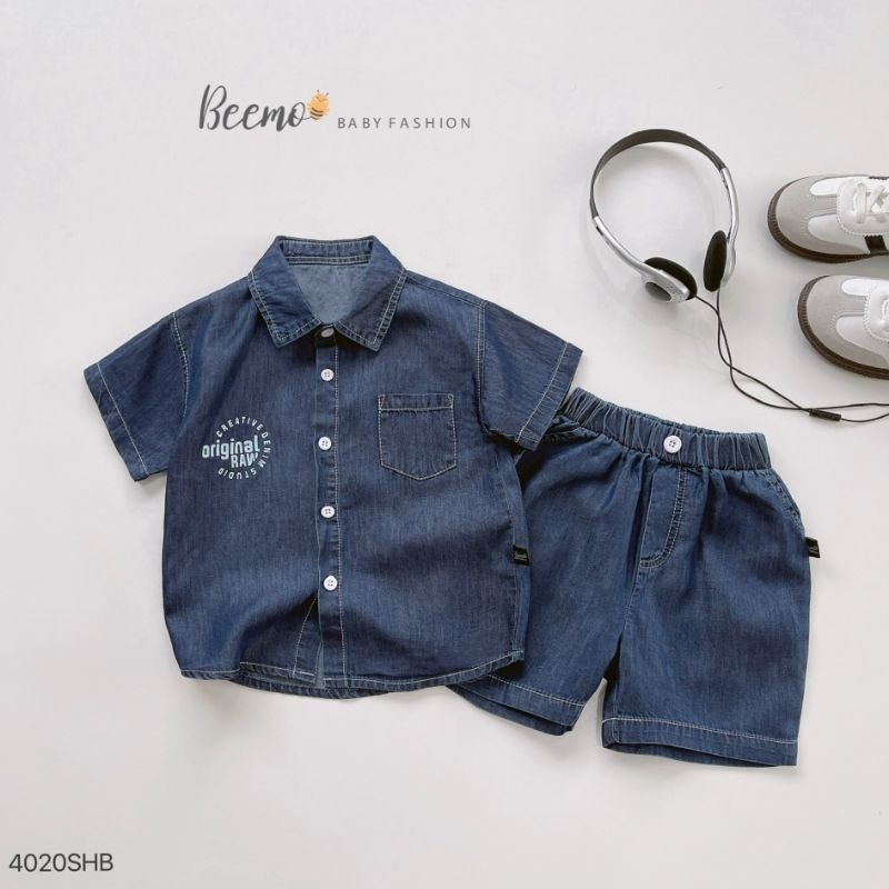 (Beemo chính hãng) Set denim cọc tay chỉ nổi bé trai (9-25 kg)