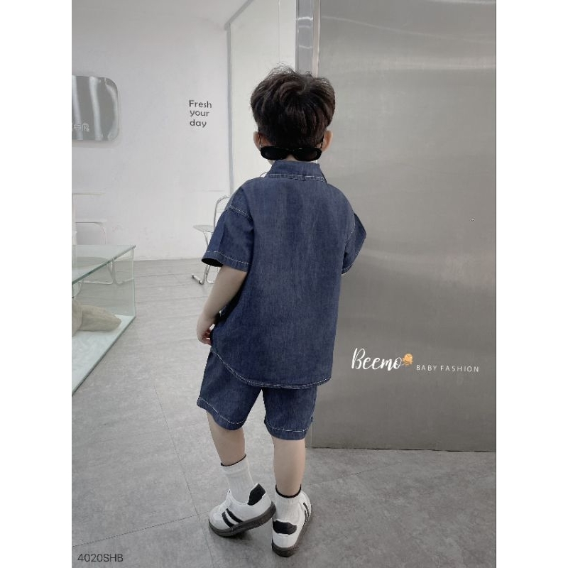 (Beemo chính hãng) Set denim cọc tay chỉ nổi bé trai (9-25 kg)