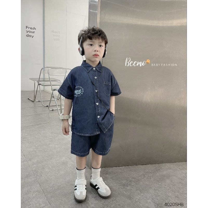 (Beemo chính hãng) Set denim cọc tay chỉ nổi bé trai (9-25 kg)