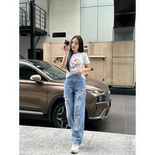 Quần Bò Jeans ống suông rộng nữ lưng cao phối Rách đùi gối cao cấp Avo Avocado