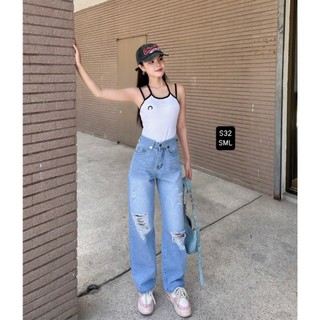 Quần Bò Jeans ống suông rộng nữ lưng cao phối Rách đùi gối cao cấp Avo Avocado