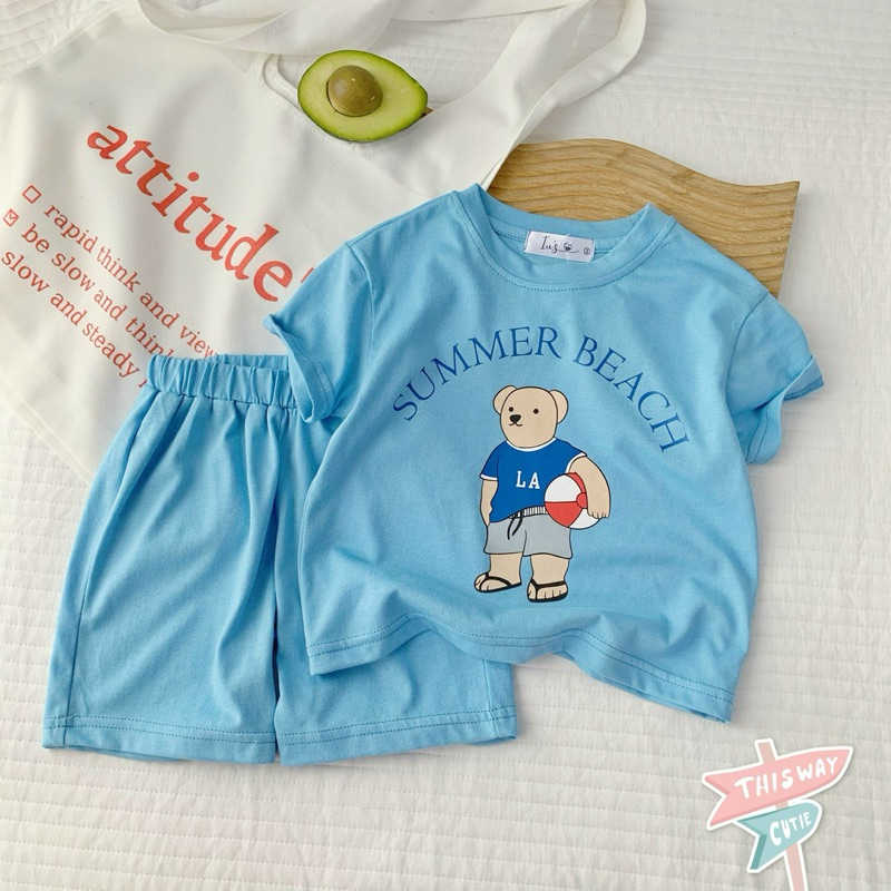 Set Bộ Bé Trai Bé Gái Cotton Ngắn Tay C6255 Hình Gấu Summer Beach Dễ Thương