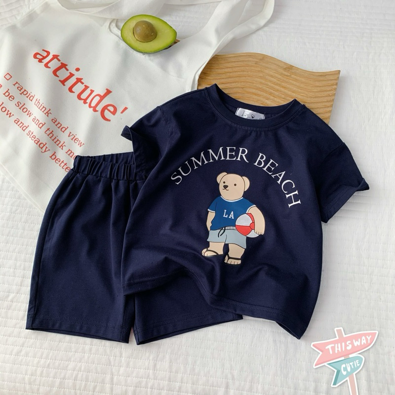 Set Bộ Bé Trai Bé Gái Cotton Ngắn Tay C6255 Hình Gấu Summer Beach Dễ Thương