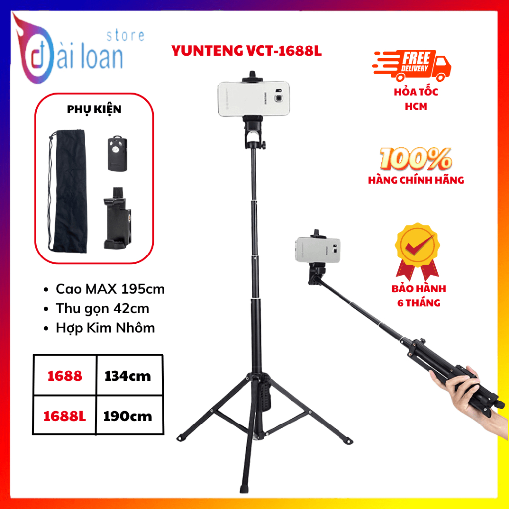 Gậy Chụp Ảnh 3 Chân Yunteng VCT 1688L - Tripod Bluetooth Quay Video & Livestream Chuyên Nghiệp