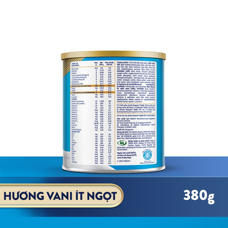 Ảnh Sữa bột Ensure Gold Abbott hương vani ít ngọt 380g/ 400g 1