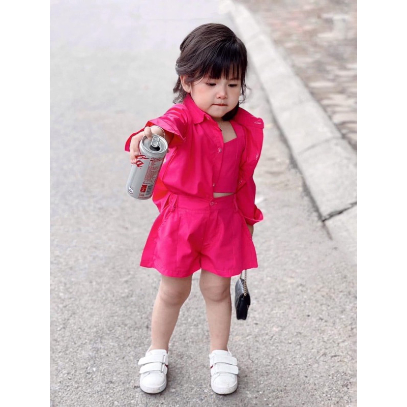 Set thời trang bé gái 3 món F0839 (12M–10Y) – áo sơ mi, áo croptop, quần short năng động, đồ bé gái cao cấp