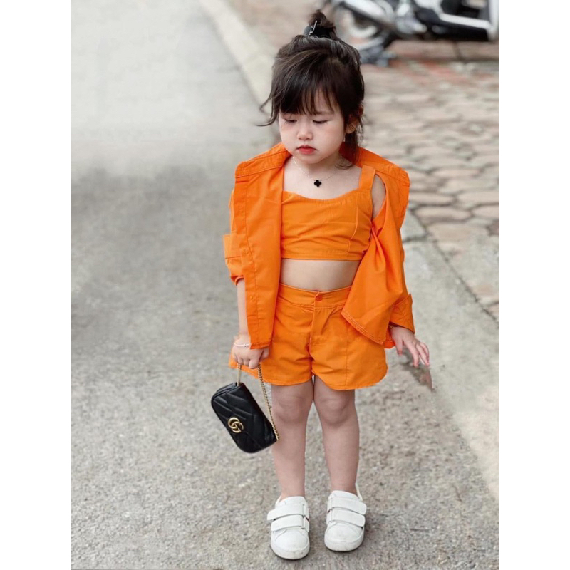 Set thời trang bé gái 3 món F0839 (12M–10Y) – áo sơ mi, áo croptop, quần short năng động, đồ bé gái cao cấp