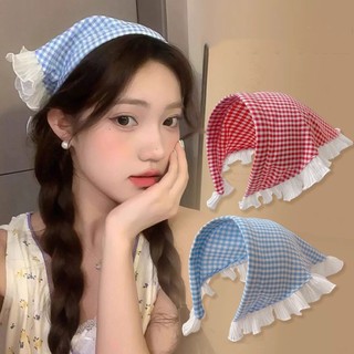 Khăn Trùm Đầu Caro Viền Bèo Vintage – Khăn Trùm Tóc Buộc Dây Phong Cách Hàn Quốc, Phụ Kiện Tóc Nữ
