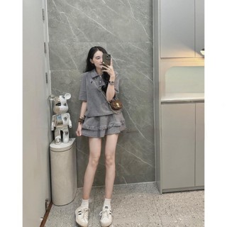 Set Đồ Nữ Màu Xám Thể Thao Năng Động Áo Polo Thêu Ngựa Kèm Chân Váy Xếp Ly Bèo Ngắn