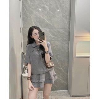 Set Đồ Nữ Màu Xám Thể Thao Năng Động Áo Polo Thêu Ngựa Kèm Chân Váy Xếp Ly Bèo Ngắn