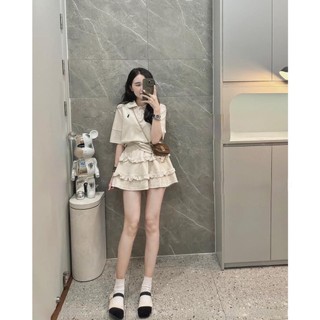 Set Đồ Nữ Màu Kem Thể Thao Năng Động Áo Polo Thêu Ngựa Kèm Chân Váy Xếp Ly Bèo Ngắn