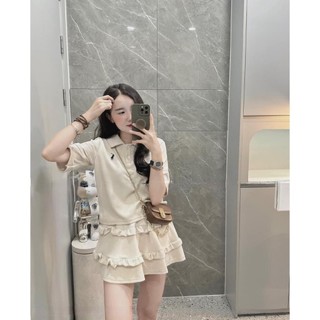 Set Đồ Nữ Màu Kem Thể Thao Năng Động Áo Polo Thêu Ngựa Kèm Chân Váy Xếp Ly Bèo Ngắn