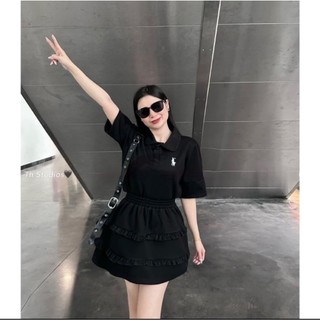 Set Đồ Nữ Màu Đen Thể Thao Năng Động Áo Polo Thêu Ngựa Kèm Chân Váy Xếp Ly Bèo Ngắn
