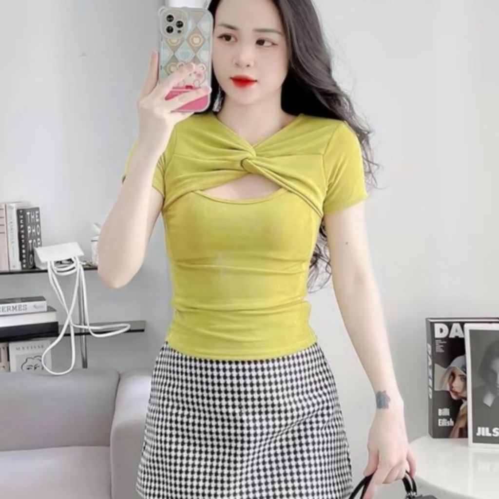 Áo Thun Nữ Tay Ngắn Bigsize Thiết Kế Xoắn Ngực Cutout ESHOP MS198 – Chất Thun Nhũ Co Giãn, Tôn Dáng