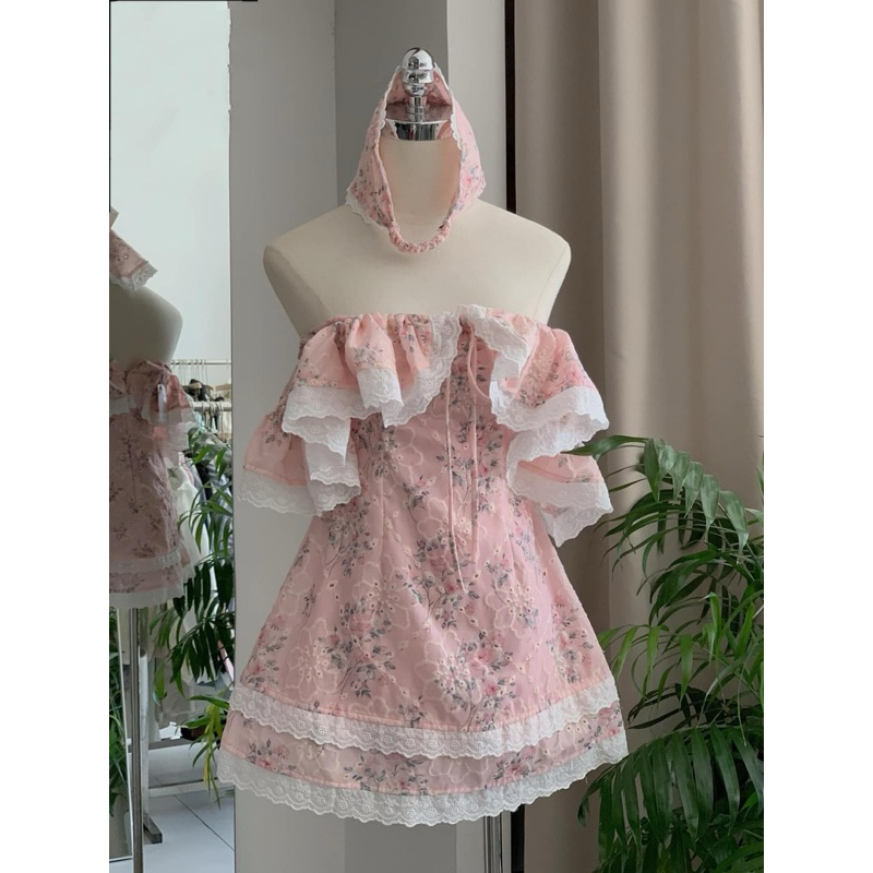 ĐẦM HOA TRỄ VAI RỚT KÈM BĂNG ĐÔ