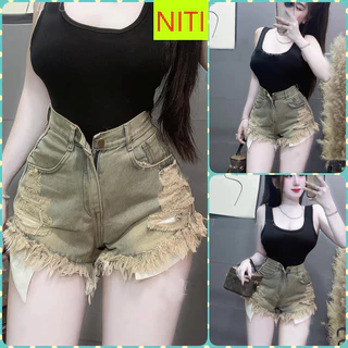 [SOGE1549] QUẦN SHORT JEANS ĐÙI NỮ LƯNG CAO RÁCH CÀO MẢNG ĐÙI LAI TUA MÀU XANH BỤI VÀNG CỰC MÁT MẺ HOT HIT