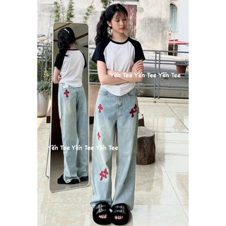 ( Xả kho ) Quần jeans xuông thêu chữ thập đỏ, hình thêu nổi sịn đẹp