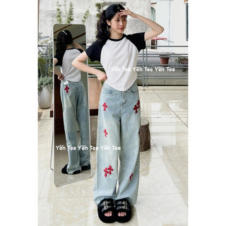 ( Xả kho ) Quần jeans xuông thêu chữ thập đỏ, hình thêu nổi sịn đẹp