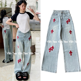 ( Xả kho ) Quần jeans xuông thêu chữ thập đỏ, hình thêu nổi sịn đẹp