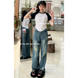 Quần jeans xuông màu bụi đậm rách nhiều, thiết kế xước ống quần đẹp lạ