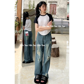 Quần jeans xuông màu bụi đậm rách nhiều, thiết kế xước ống quần đẹp lạ