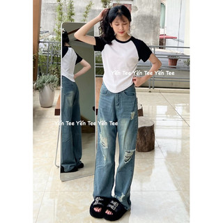 Quần jeans xuông màu bụi đậm rách nhiều, thiết kế xước ống quần đẹp lạ