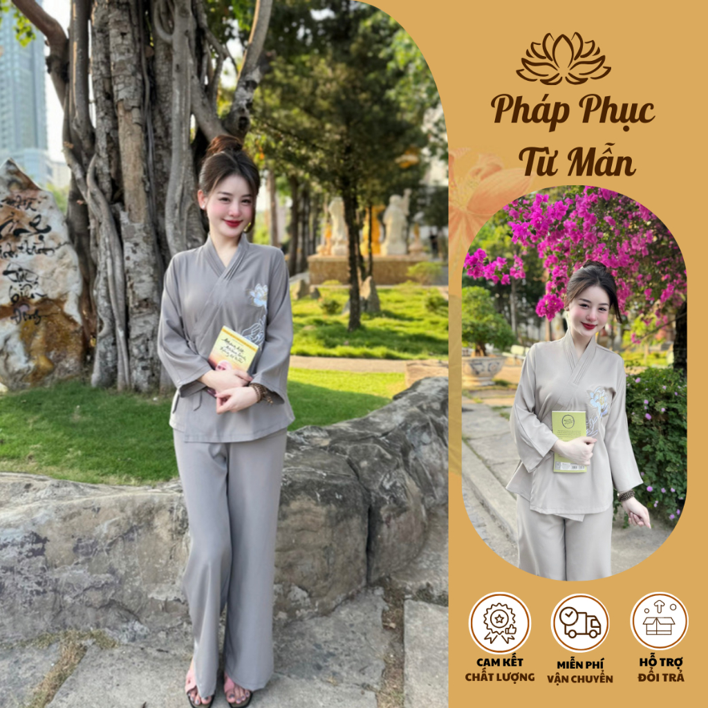 Bộ phật tử nữ đi chùa thêu hoa sen Áo tràng phật tử cổ vạt chéo thêu hoa Pháp phục đi chùa nữ lụa mềm mịn, trang nghiêm