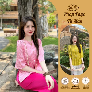 Bộ đồ đi chùa cổ tròn túi tiền lụa gấm vân hoa Đồ lam đi chùa nữ tay lỡ Pháp phục nữ cách tân khuy ngọc lụa mềm mịn