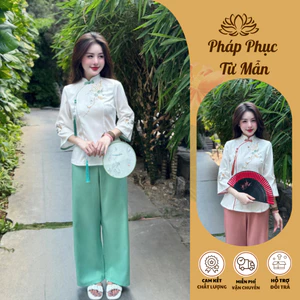 Set đồ đi chùa cổ tàu đũi thái kèm dây ngọc Pháp phục lễ chùa tay lỡ khuy chéo Set đồ lam đi lễ Sang trọng