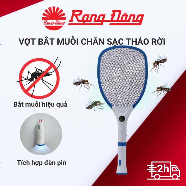 Vợt bắt muỗi điện tử Rạng Đông RD02 2IN1 - Vợt bắt muỗi, bắt côn trùng kết hợp đèn pin tháo rời - An toàn, tiện lợi