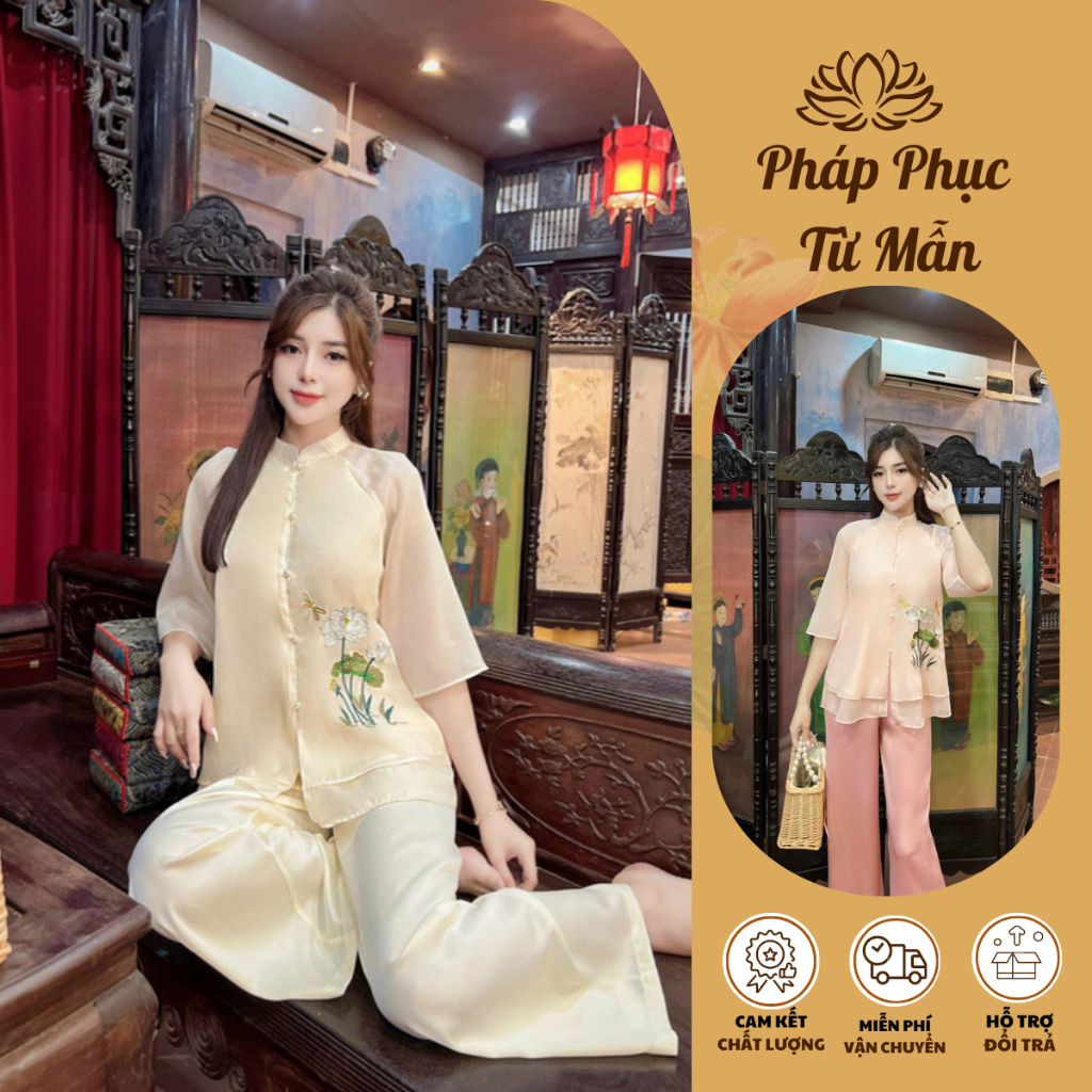 Pháp phục đi chùa cổ tàu thêu hoa sen lụa voan 3 lớp Set bộ đi chùa cách tân tay lỡ Đồ lam đi chùa thanh lịch