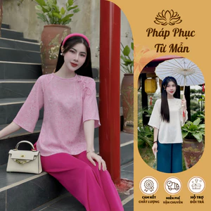 Pháp phục đi chùa cổ tết đính cúc bọc lụa gấm vân hoa Đồ bộ đi chùa nữ tay lỡ Bộ lam đi lễ cách tân Thanh lịch
