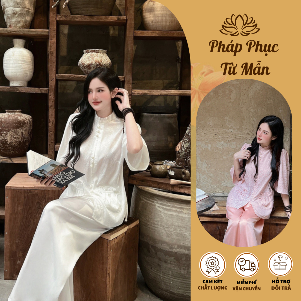 Đồ bộ đi chùa cổ tàu đính cúc ngọc tiểu thư Pháp phục lễ chùa tay lỡ lụa gấm vân hoa Set đồ lam nữ Thanh lịch