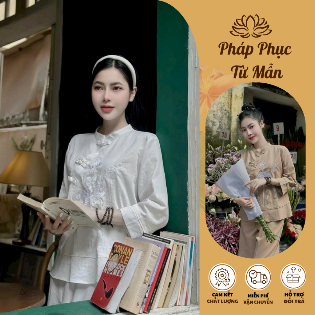 Pháp phục đi chùa MPB vải đũi thêu hoa sen Đồ lam đi chùa nữ cổ tàu tay lỡ Bộ đi lễ fom xuông vải mềm mịn