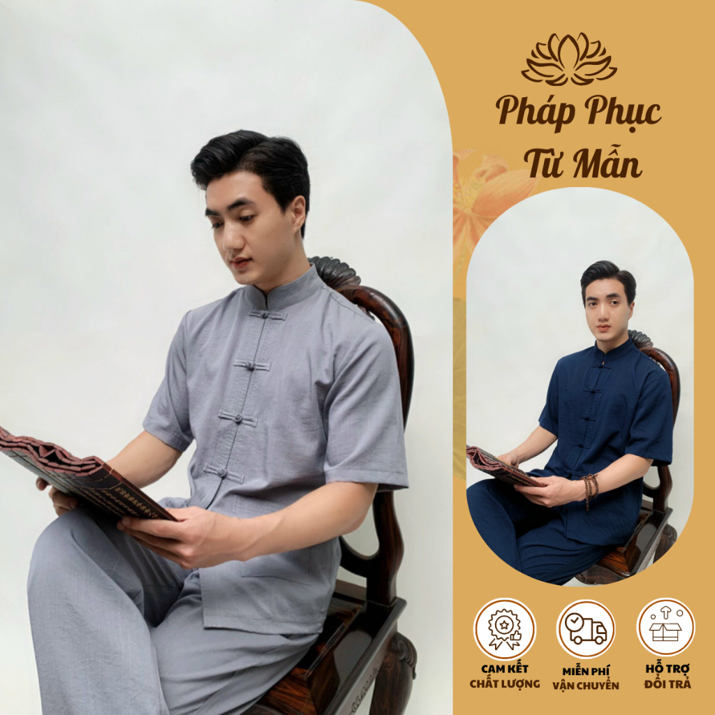 Bộ đồ lam đi chùa cho nam cộc tay vải đũi cao cấp, Pháp phục nam đi chùa sang trọng Đồ bộ phật tử cho nam cổ áo lãnh