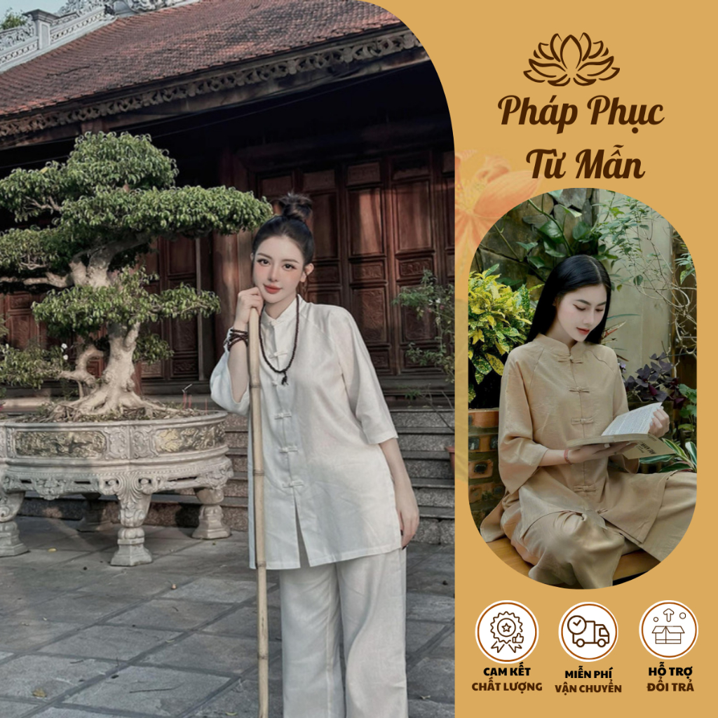 Bộ đi chùa truyền thống MPB vải đũi line Set bộ lam đi chùa nữ dáng dài Pháp phục cổ tàu khuy tết vải mèm mịn
