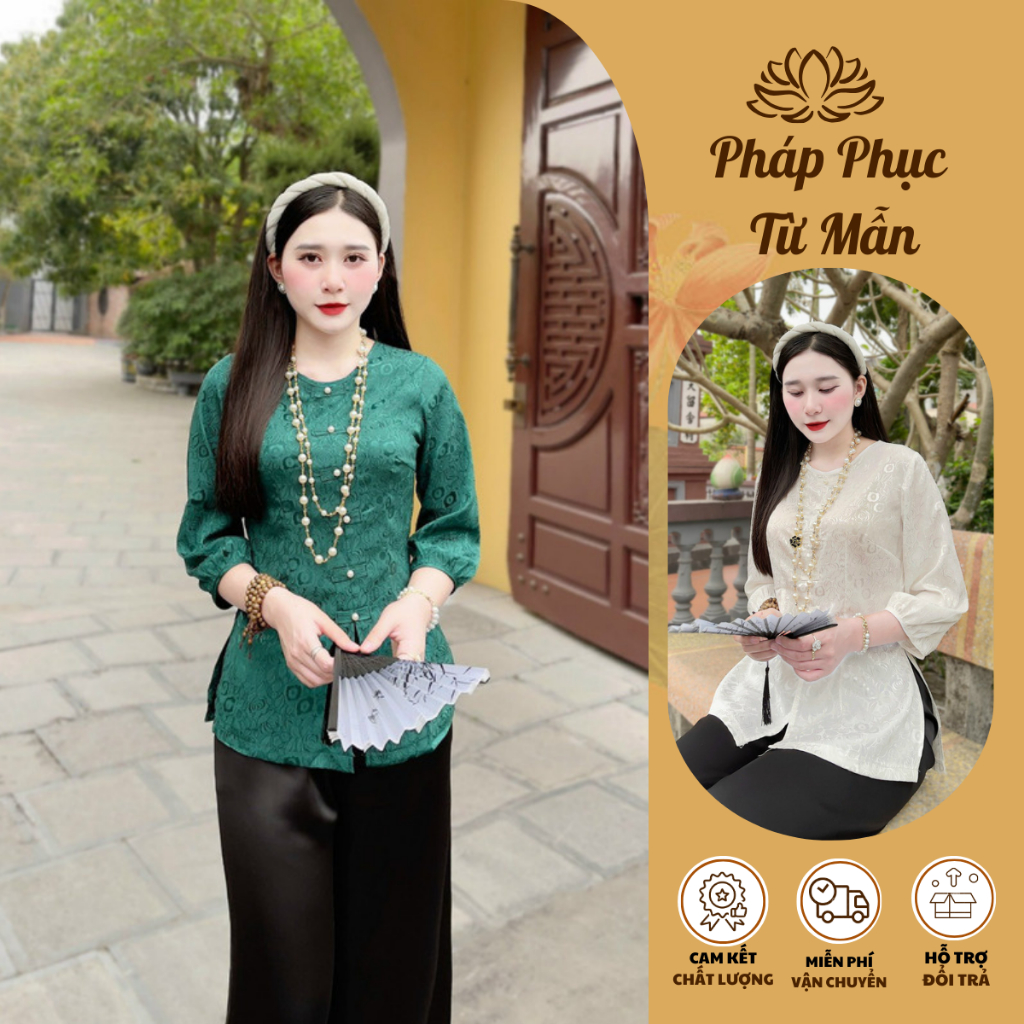Set đồ lam đi chùa cổ tròn cúc ngọc dài tay Pháp phục đi chùa nữ lụa gấm vân hoa Bộ bà ba cách tân Thanh lịch