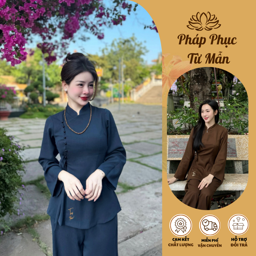 Pháp phục đi chùa cổ tàu thêu chữ Tuệ Tâm vải đũi cao cấp Đồ lam đi chùa khuy ngọc thắt nơ Bộ đồ đi lễ sang trọng