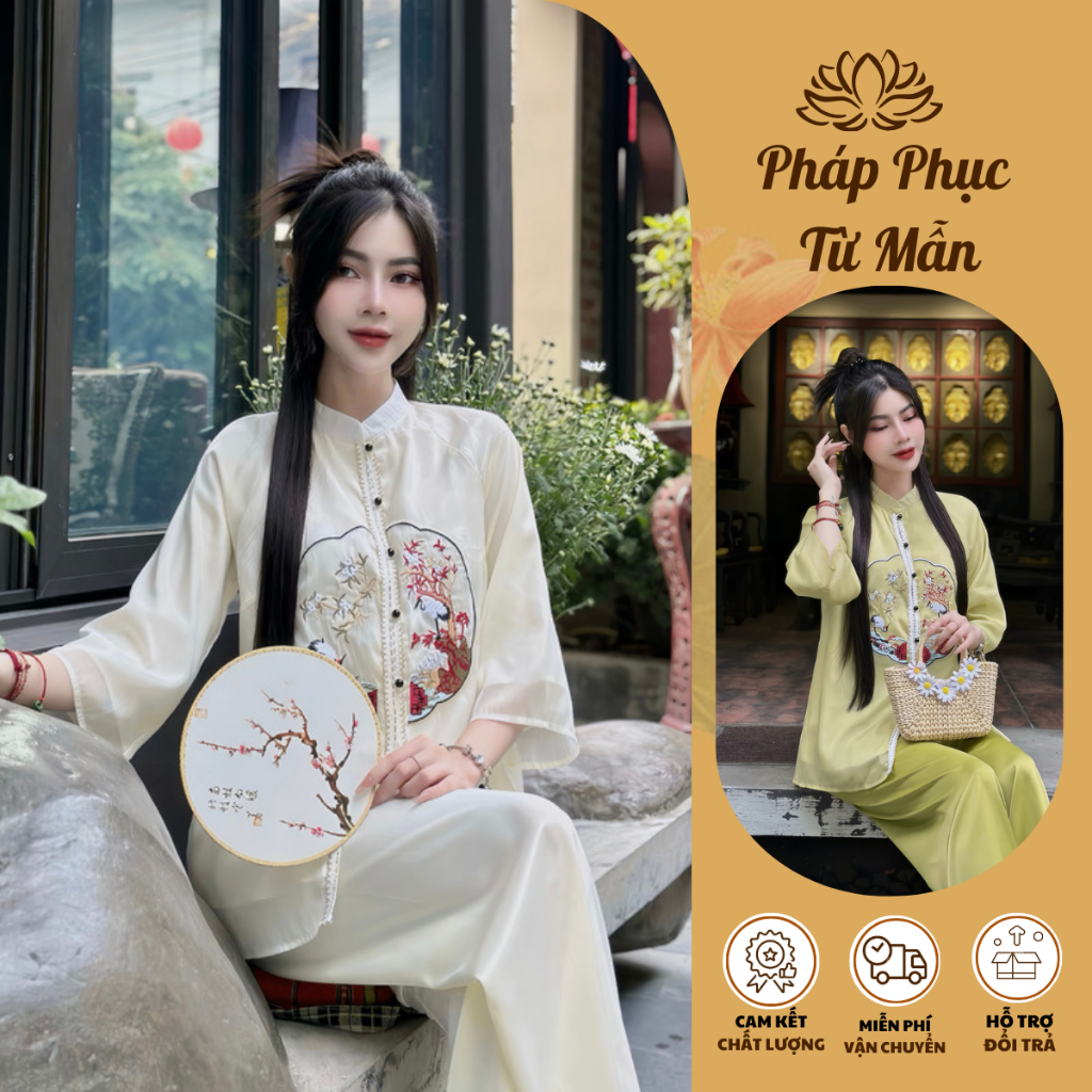 Đồ bộ đi chùa thêu hạc lụa voan tơ 2 lớp Pháp phục đi chùa nữ cổ tàu tay lỡ Đồ lam đi lễ dáng xuông cách tân Sang trọng