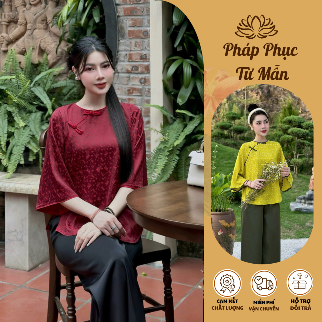 Bộ lam đi chùa nữ cổ tròn khuy tết lụa gấm vân chuồn chuồn Pháp phục đi chùa cách tân tay lỡ Đồ bộ đi lễ lụa mềm mịn