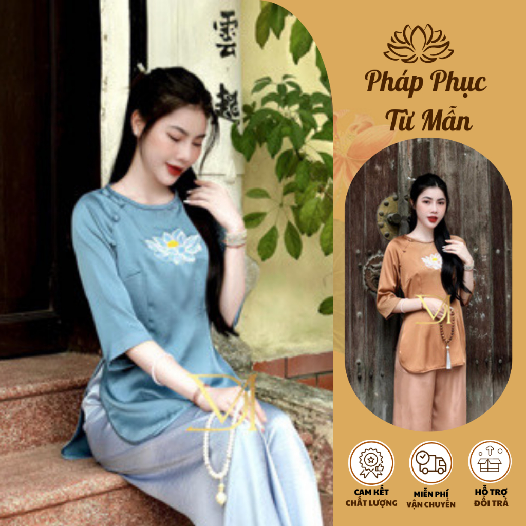 Đồ bộ đi chùa nữ cổ tết thêu hoa sen Pháp phục đi chùa cách tân tay lỡ Đồ lam nữ lụa hai da, mềm mịn
