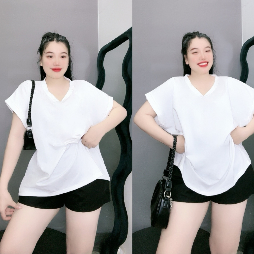 Áo thun thời trang bigsize nữ tay hến cổ tim chất vải cotton mát form áo rộng dành cho nàng chuppy A60