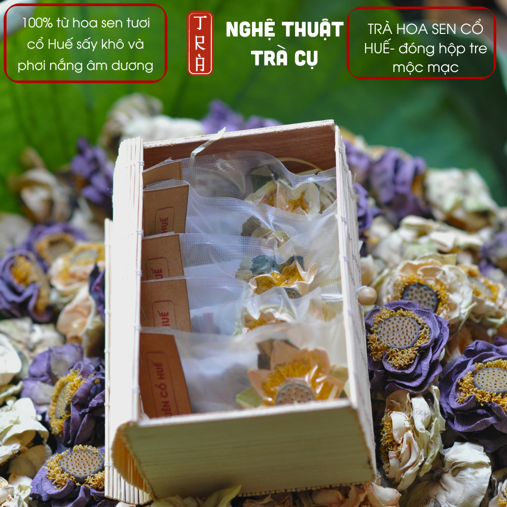 Combo 5 bông Trà hoa sen trắng- hồng Cổ Huế sấy lạnh , đóng hộp giấy/ tre tặng kèm thanh quế cỏ ngọt