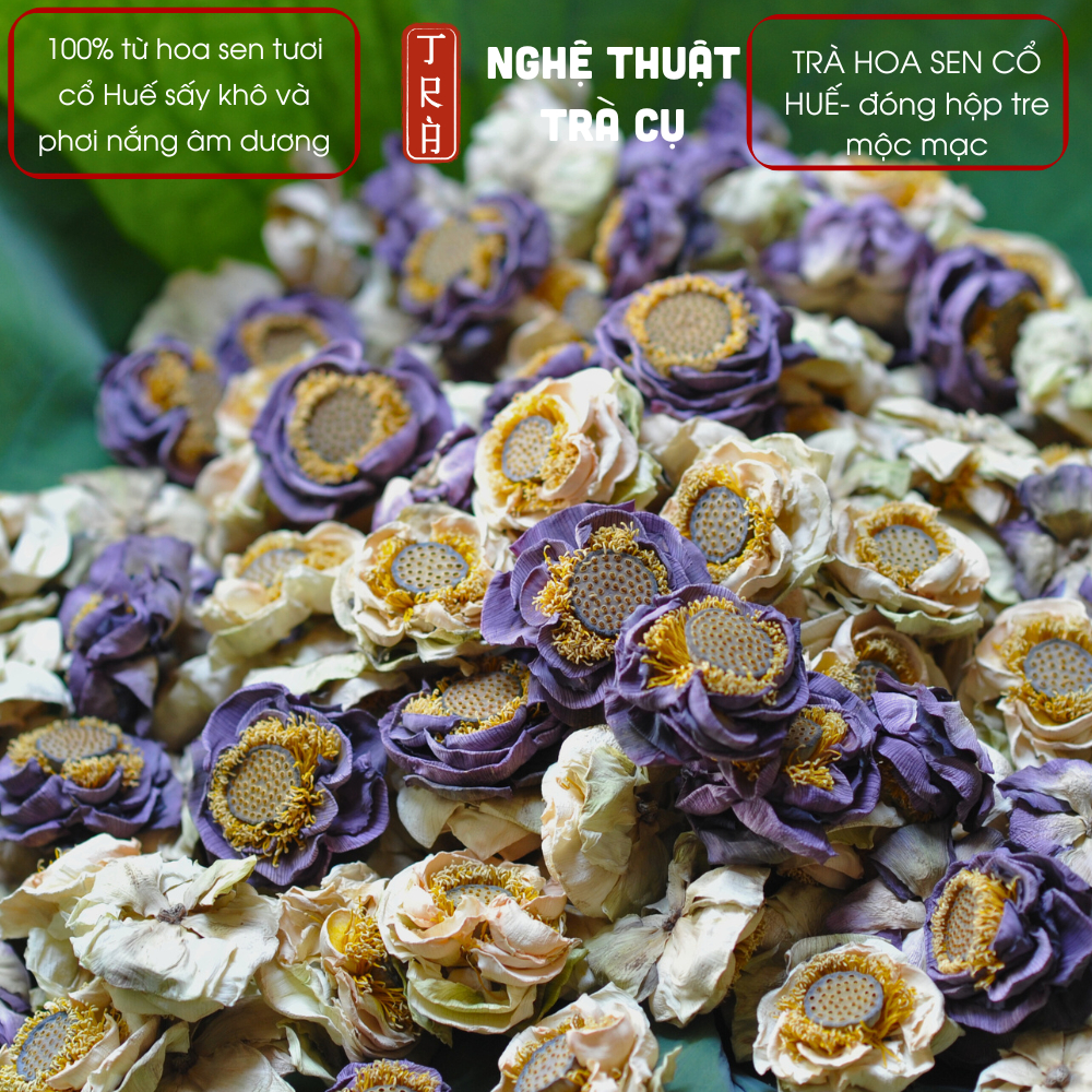 Combo 5 bông Trà hoa sen trắng- hồng Cổ Huế sấy lạnh , đóng hộp giấy/ tre tặng kèm thanh quế cỏ ngọt