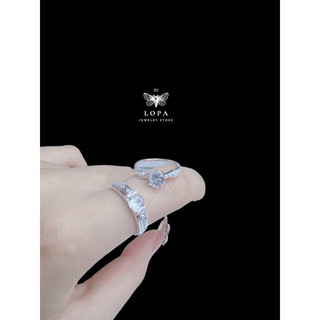 Nhẫn đôi nam nữ bạc Lopa, dáng nhẫn đôi nam nữ vắt khấc sang chảnh đính đá lấp lánh Sk57